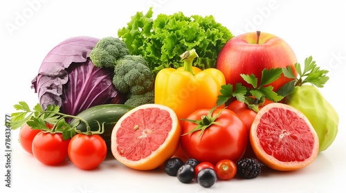 Variety of Colorful Vegetables and Fruits on White