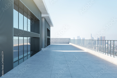 Spacious balcony with modern design elements. Creative architecture concept. 3D Rendering