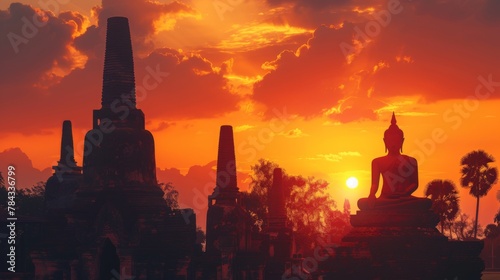 Sukhothai Historical Park. Thailand. Buddha silhouette and and ancient buddhist temple ruins at sunset. photo