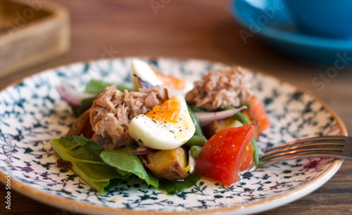 Salad with spinach, tuna, potatoes, tomatoes, onions and egg in a plate on the table