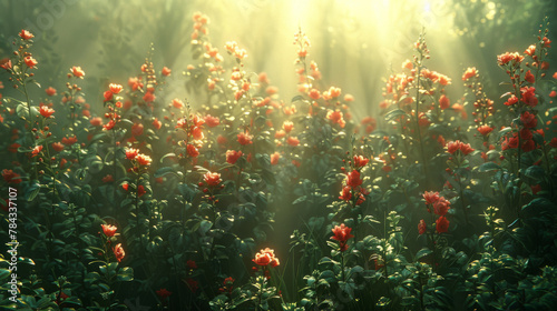 Enchanting Morning Glow On A Field Of Blooming Red Flowers © oxart_studio