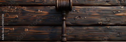 Brown gavel with a stand. Gavel on aged wooden surface. Symbol of justice. Court has power and wooden dark background , Concept of Auction composition with wooden hammer 