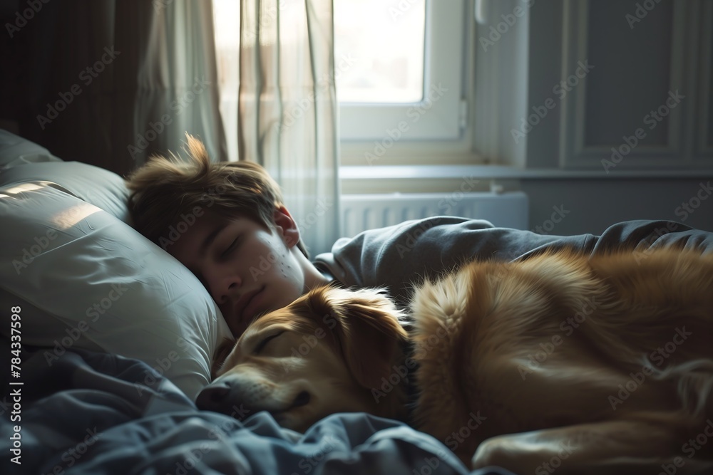 young man and his loyal dog peacefully sleeping together in a cozy bedroom