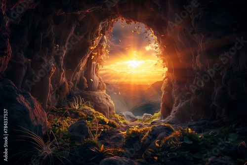 empty tomb within a rocky cave with bright light radiating from within photo