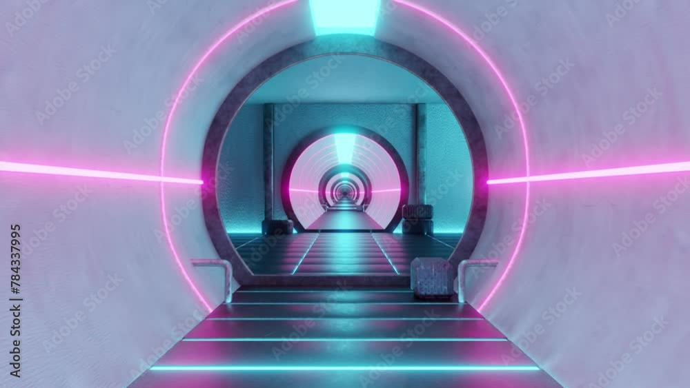 3D animation of futuristic tunnel sci-fi spaceship corridor with color neon light