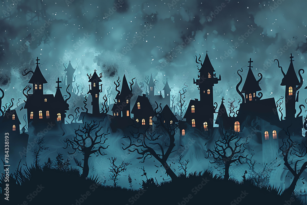 Illustrate a panoramic view of a haunted village in vector art style, emphasizing the chilling atmosphere with fog creeping in the background Show eerie silhouettes of old buildings and twisted trees