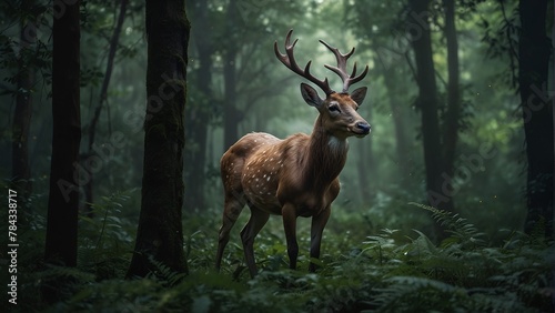 A brown deer with antlers grazes in a peaceful autumn forest