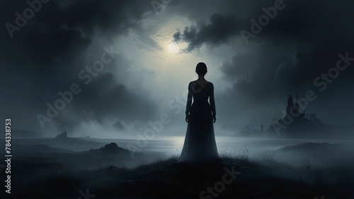 A mystically shrouded figure, ethereal and enigmatic, stands amidst swirling mist that seamlessly blends with the landscape around them. This captivating image, most likely a painting or photograph, c