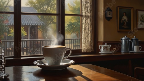 A richly brewed espresso in a quaint cafe, the steam rising in delicate wisps, dancing in the gentle morning light that filters through the lace curtains. The wooden table, weathered yet sturdy, provi photo