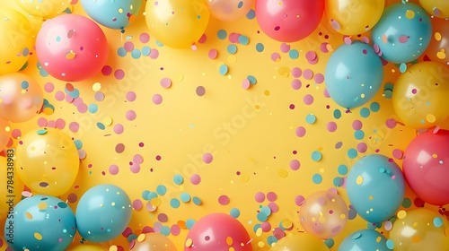 Sunny Birthday Bash! Balloons and Confetti Frame a Joyful Celebration with Pastel Yellow Background.