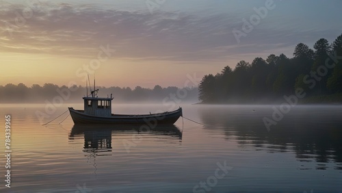 A tranquilly aging fishing boat gently floats on a glassy lake in the early morning, as ethereal mist swirls around its bow. The boat's weathered wooden hull bears the marks of countless journeys, its photo