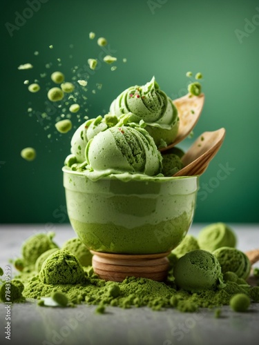 Green tea matcha gelato ice cream in a cup, cinematic food dessert photography, studio background