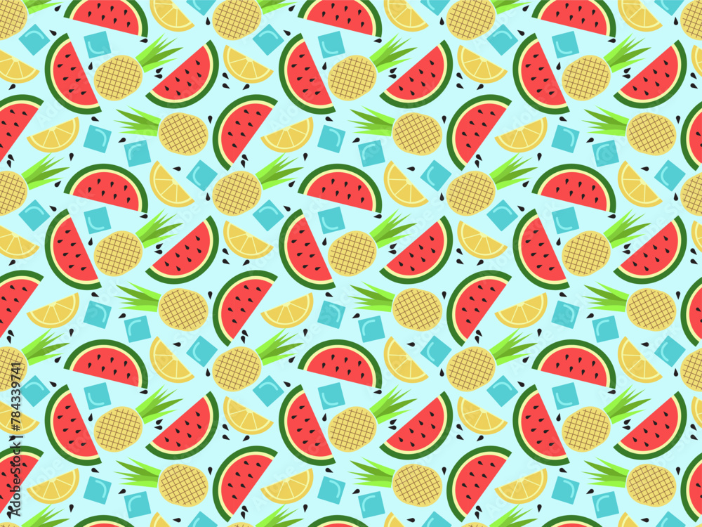 Seamless pattern made of pineapple, watermelon, citrus, watermelon seeds, ice cubes. Isolated on blue background (backdrop). Food. Vector illustration. Seamless pattern made of pineapple, watermelon, citrus, watermelon seeds, ice cubes. Isolated on blue background (backdrop). Food. Vector illustration.