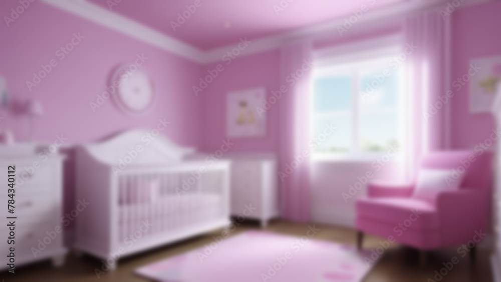 Blurred view of modern stylish baby room interior. Home pink interior decoration in children's girl bedroom Blurred view of modern stylish baby room interior. Home pink interior decoration in children's girl bedroom