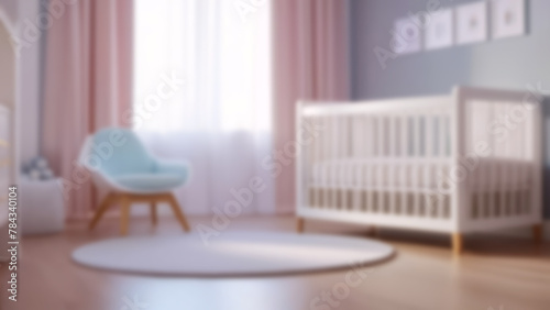 Blurred view of modern stylish baby room interior. Home pink interior decoration in children's girl bedroom
