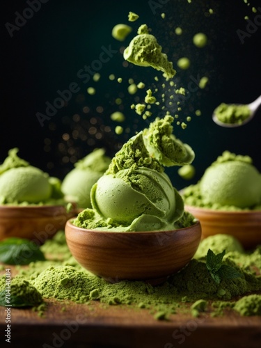 Green tea matcha gelato ice cream in a cup, cinematic food dessert photography, studio background