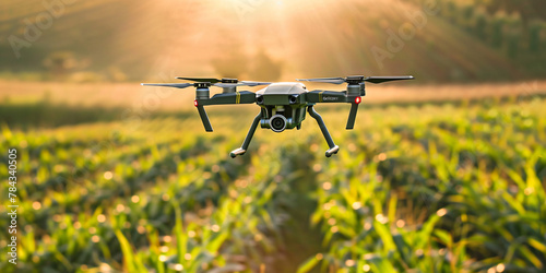 High angle shot of drone flying over expansive cornfield scenery