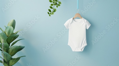 Baby bodysuit mockup, white short-sleeved bodysuit model hanging from hanger photo