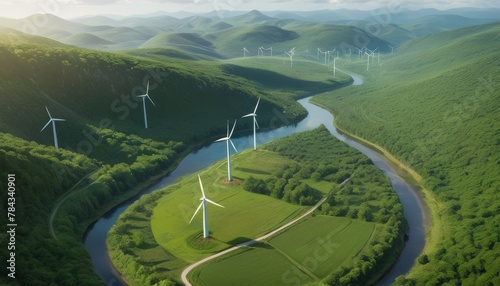 A scenic view of white wind turbines on a sunny day amidst rolling green hills and a winding river, symbolizing renewable energy.