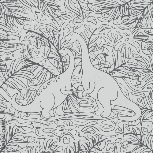 Black and white line art illustration of two dinosaurs playing together in nature. Good for coloring book design