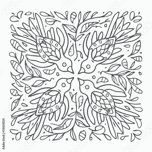 Black and white line art illustration of nature with birds playing together. Good for coloring book design