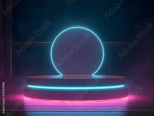 Vibrant Neon Circle on Illuminated Podium:Futuristic Stage Design for Modern Showcase