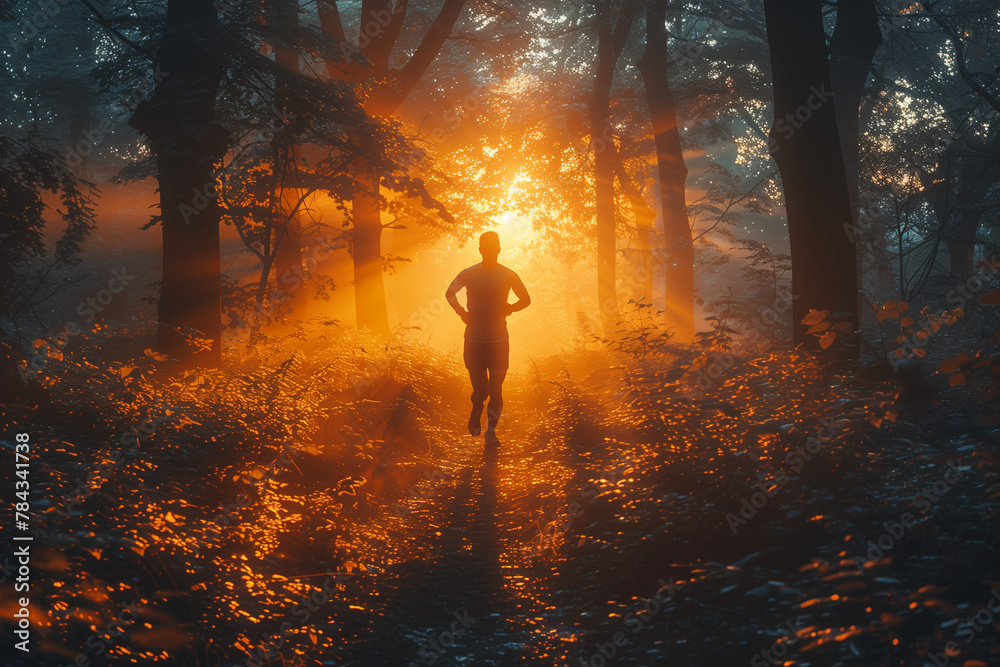 Athlete running on a scenic forest trail at sunrise Athlete running on a scenic forest trail at sunrise