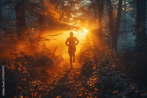 Athlete running on a scenic forest trail at sunrise #784341701