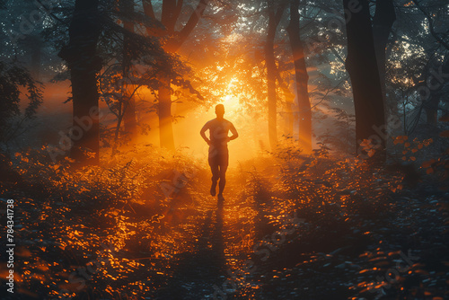Athlete running on a scenic forest trail at sunrise