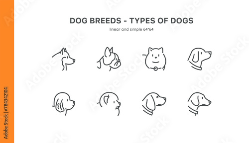 Dog Breeds Icon Set: Featuring Labrador, German Shepherd, Poodle, Bulldog, and More. Includes Popular Breeds like Beagle, Dachshund, and Pug. Editable Linear Vector Collection for Pet Lovers