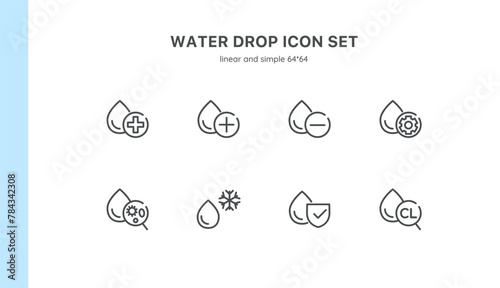 Water Quality and Safety Icon Set: Drops, Shields, Gears, and More. Editable Vector Icons for Hydration, Protection, and Management.