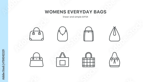 Women's Fashion Handbags Icon Set: Everyday Chic and Practical Styles. Features Tote, Hobo, Bucket, Shoulder, and Shopper Bags. Includes Wicker, Rattan, and Modern Drawstring Designs. Editable Stroke.