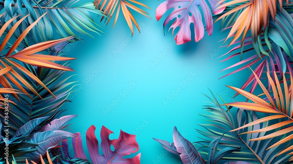 
A 3D rendered top-view summer-themed blue background transports viewers to an enchanting and exotic haven. Multicolored palm leaves dance across the scene, evoking a sense of warmth 