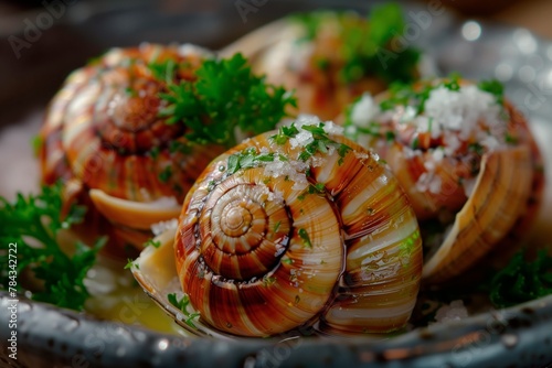 AI-generated illustration of Several French Escargots on fresh green and white parsley photo