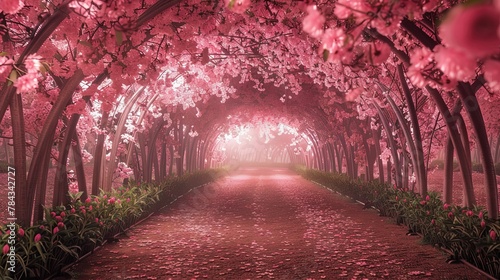 Picture a romantic tunnel adorned with pink flowering trees, creating a breathtaking canopy of delicate blossoms. As you stroll beneath this enchanting natural spectacle