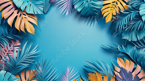  A 3D rendered top-view summer-themed blue background transports viewers to an enchanting and exotic haven. Multicolored palm leaves dance across the scene, evoking a sense of warmth  © Marry