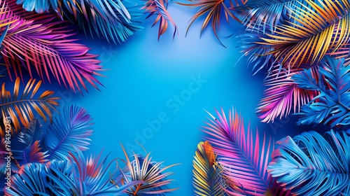  A 3D rendered top-view summer-themed blue background transports viewers to an enchanting and exotic haven. Multicolored palm leaves dance across the scene, evoking a sense of warmth 