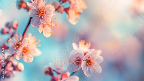  An exquisite floral spring abstract background of nature unfolds, featuring branches of blossoming apricot captured in macro detail. 