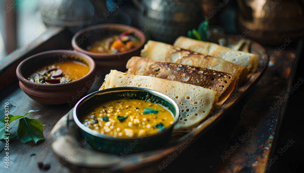 dosa sambar and chutney, on a table,Indian, Kerala, morning, close up