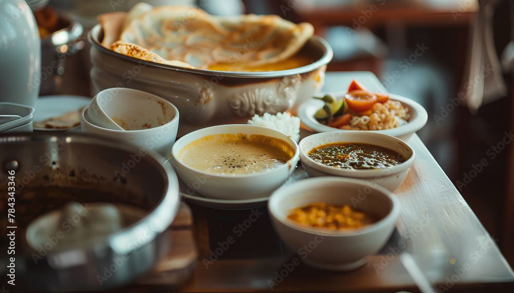 dosa sambar and chutney, on a table,Indian, Kerala, morning, close up dosa sambar and chutney, on a table,Indian, Kerala, morning, close up