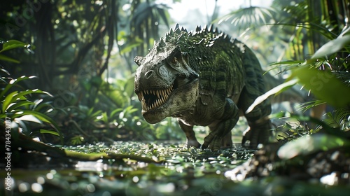 an image of a large dinosaur in the forest on a sunny day
