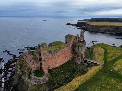 Aerial shot of Tantallon Castle in Scotland photo