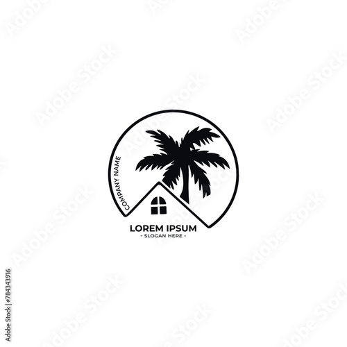 house logo in a circle design template with palm trees vector. beach hotel logo vector.