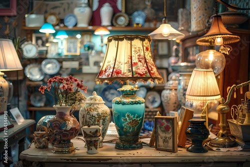 A vintage lamp and various decorative items in an antique shop, creating a nostalgic atmosphere with warm lighting and rich colors. Ai generated