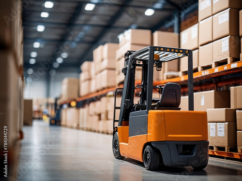 Warehouse center. Pallets with boxes in building. Forklift inside storage hangar. Cardboard parcels on boxes. Warehouse area.