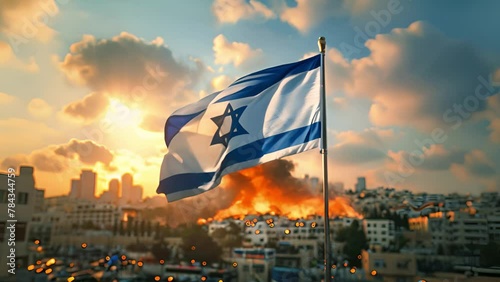 Israeli flag Burning and destroyed city on the background by war. Concept of crisis of war. City is burning after military attacks. Concept of war Israel and Iran photo