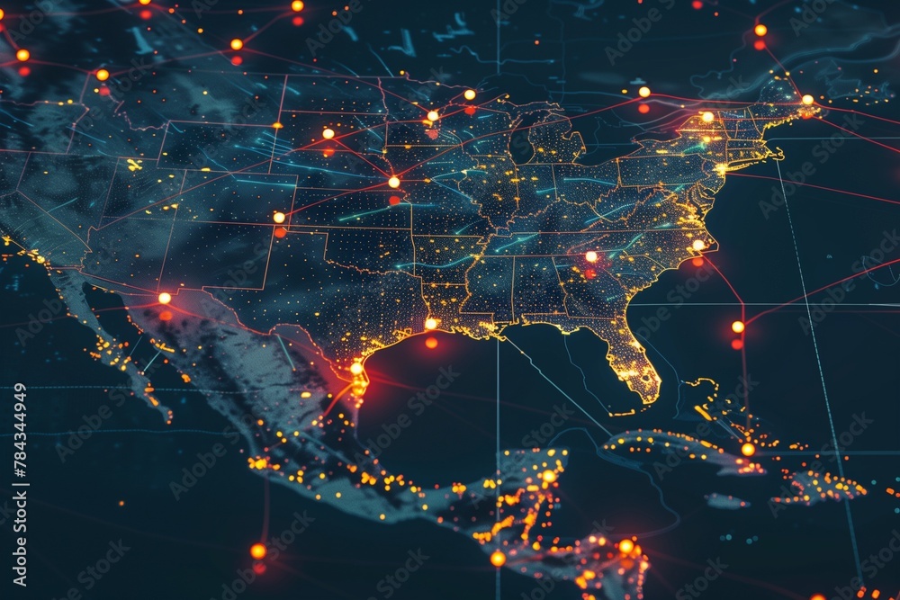 AI generated illustration of a digital map of the United States with glowing city lights