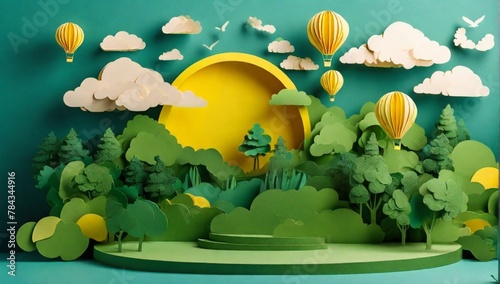 Paper cut of Summer season on green nature landscape  hot air balloons and clouds on blue sky background with yellow color cylinder podium for products display presentation 
