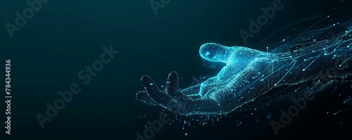 AI generated illustration of a glowing digital hand reaching out from the darkness photo