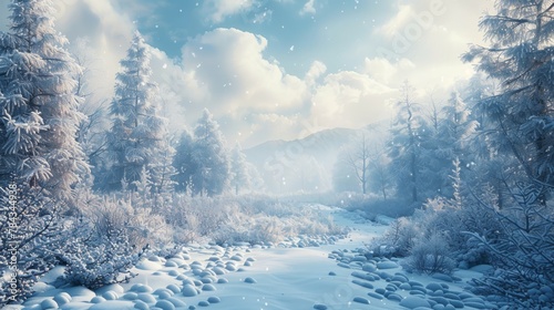 A serene and snowy forest scene, with frosted trees and a soft blanket of snow, under a bright winter sky.